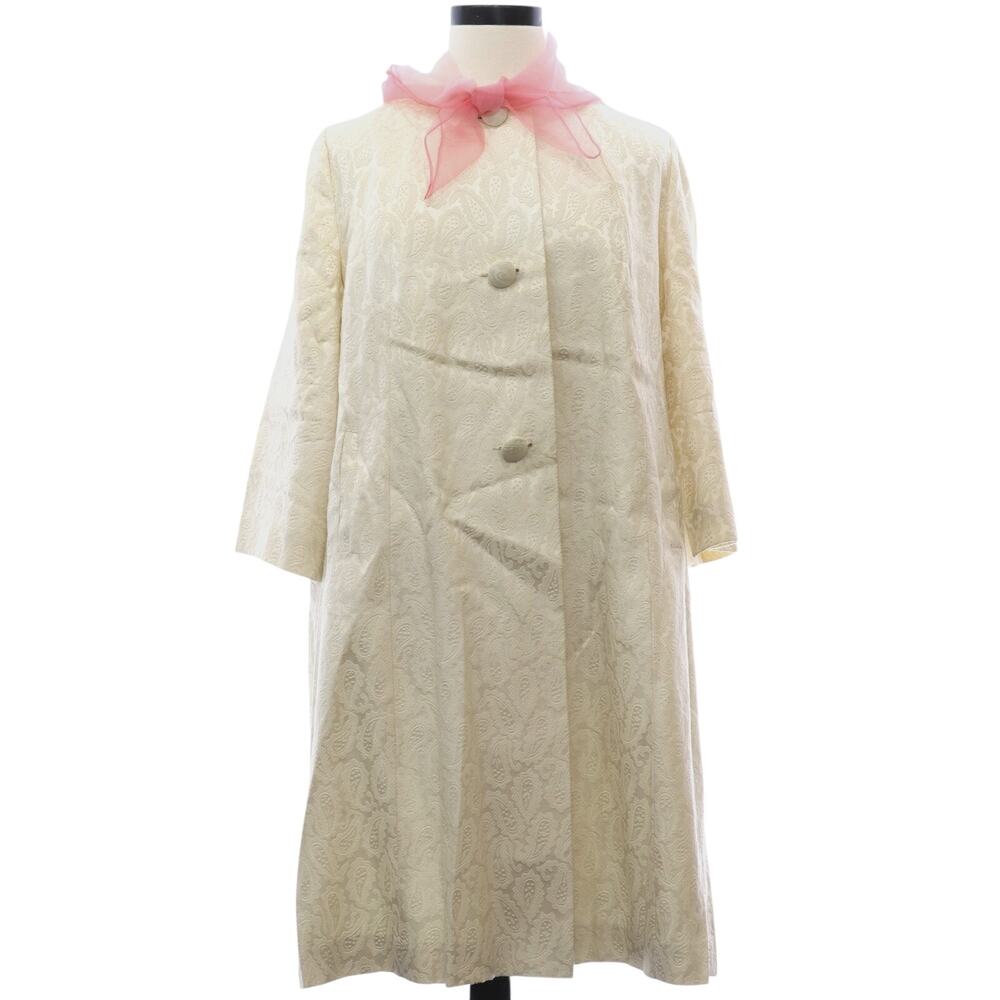 Vintage 60s Cream Paisley Flocked Coat Rayon A-Line Pink Scarf Trim Women’s XL